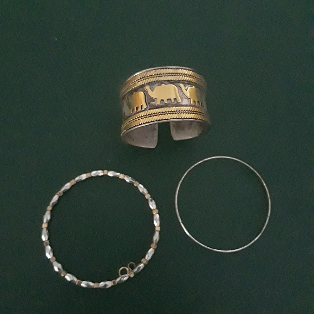 Three silver gold bracelets bundle elephant cuff bangles beaded thin jewelry